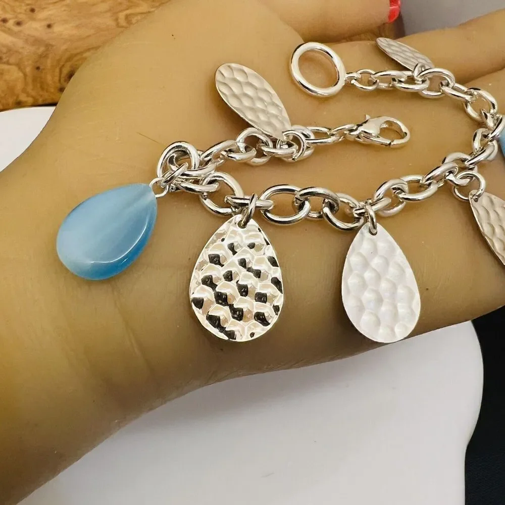 Blue Silver Tone Charm Dangle Drop Bracelet Spring Summer 7” 1477
